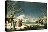 Winter: A Frozen River Landscape with a Lady on a Horse Crossing a Bridge-null-Stretched Canvas