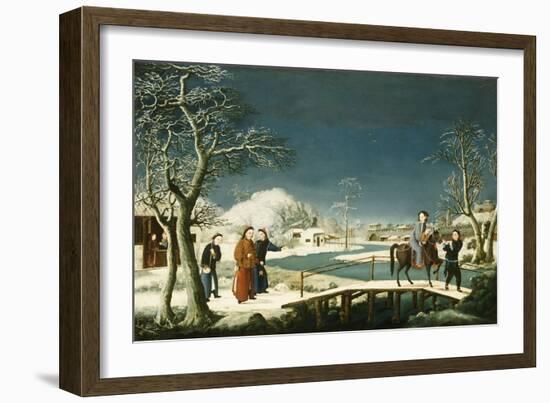 Winter: A Frozen River Landscape with a Lady on a Horse Crossing a Bridge-null-Framed Giclee Print