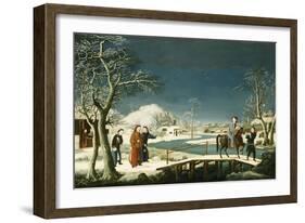 Winter: A Frozen River Landscape with a Lady on a Horse Crossing a Bridge-null-Framed Giclee Print
