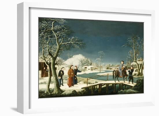 Winter: A Frozen River Landscape with a Lady on a Horse Crossing a Bridge-null-Framed Giclee Print