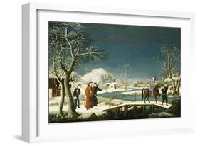 Winter: A Frozen River Landscape with a Lady on a Horse Crossing a Bridge-null-Framed Giclee Print