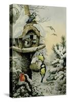 Winter Bird Table with Blue Tits, Great Tits, House Sparrows and a Robin-Carl Donner-Stretched Canvas