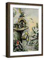 Winter Bird Table with Blue Tits, Great Tits, House Sparrows and a Robin-Carl Donner-Framed Giclee Print