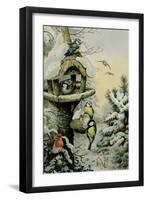 Winter Bird Table with Blue Tits, Great Tits, House Sparrows and a Robin-Carl Donner-Framed Giclee Print