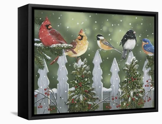 Winter Birds on a Snowy Fence-William Vanderdasson-Framed Stretched Canvas