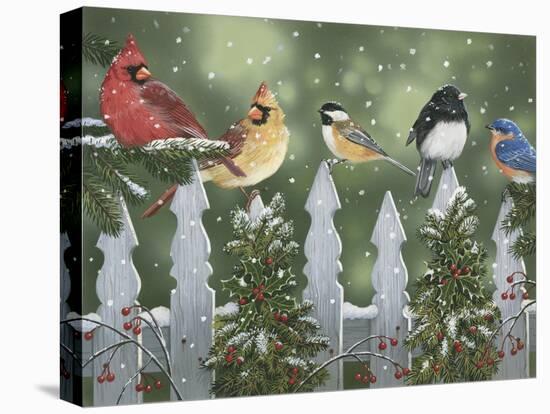 Winter Birds on a Snowy Fence-William Vanderdasson-Stretched Canvas