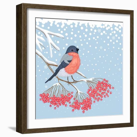 Winter Card with Bullfinch on the Branch of Rowan-Scarlet Starlet-Framed Art Print