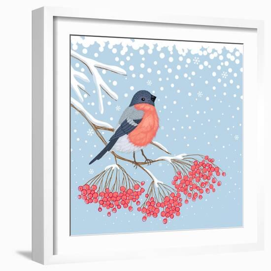 Winter Card with Bullfinch on the Branch of Rowan-Scarlet Starlet-Framed Art Print