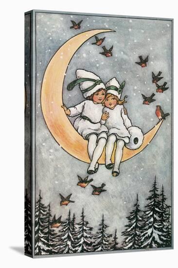 Winter, Children on Moon-null-Stretched Canvas