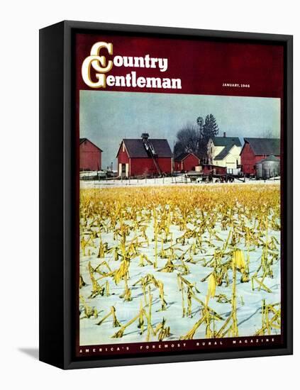 "Winter Cornfield," Country Gentleman Cover, January 1, 1946-Thomas Benner-Framed Stretched Canvas