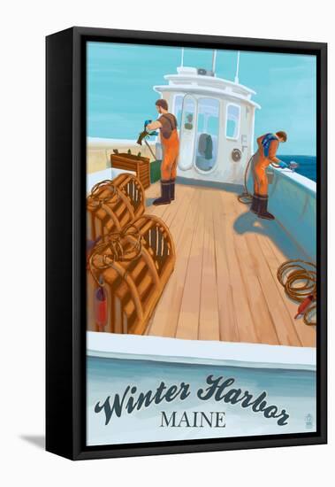 Winter Harbor, Maine - Lobster Boat Scene-Lantern Press-Framed Stretched Canvas