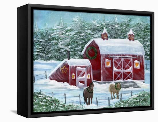 Winter Horses by Red Barn-Cheryl Bartley-Framed Stretched Canvas