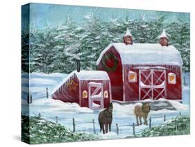 Winter Horses by Red Barn-Cheryl Bartley-Stretched Canvas