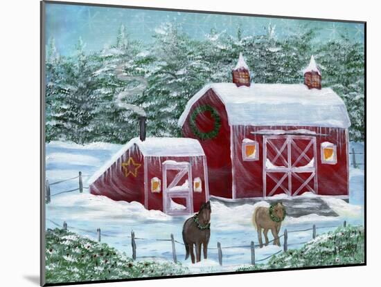 Winter Horses by Red Barn-Cheryl Bartley-Mounted Giclee Print