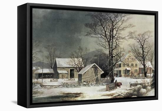 Winter in the Country: Wood for the Inn-Currier & Ives-Framed Stretched Canvas