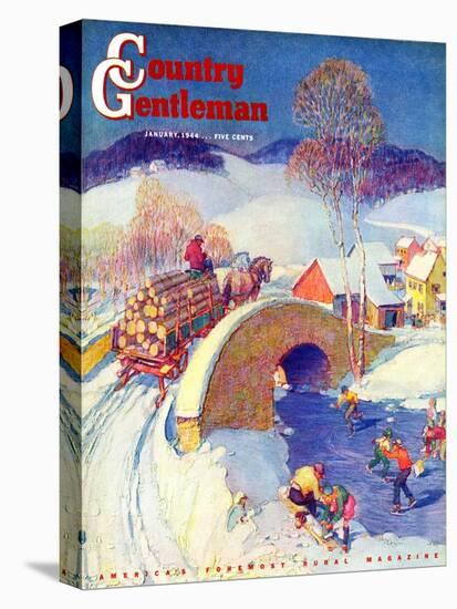 "Winter in the Village," Country Gentleman Cover, January 1, 1944-Henry Soulen-Stretched Canvas