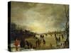 Winter Landscape at Sunset with People playing Golf and Skating-Aert van der Neer-Stretched Canvas