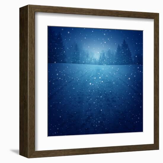 Winter Landscape Concept as a Snowing Blue Background with a Road in Perspective with Foot Prints L-Lightspring-Framed Art Print