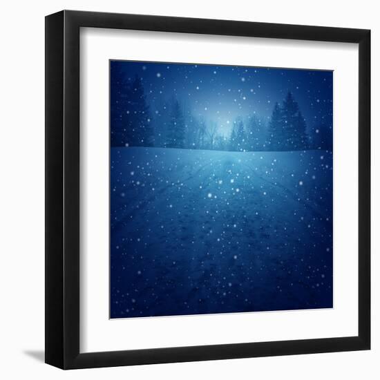 Winter Landscape Concept as a Snowing Blue Background with a Road in Perspective with Foot Prints L-Lightspring-Framed Art Print