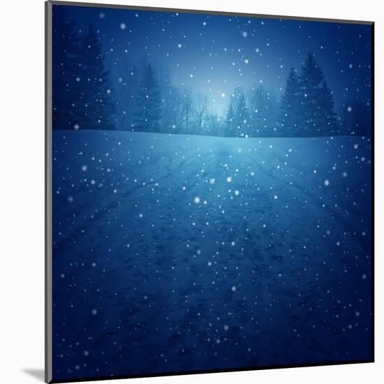 Winter Landscape Concept as a Snowing Blue Background with a Road in Perspective with Foot Prints L-Lightspring-Mounted Art Print