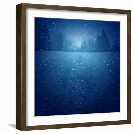 Winter Landscape Concept as a Snowing Blue Background with a Road in Perspective with Foot Prints L-Lightspring-Framed Art Print