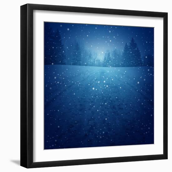 Winter Landscape Concept as a Snowing Blue Background with a Road in Perspective with Foot Prints L-Lightspring-Framed Art Print