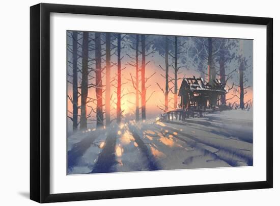 Winter Landscape of an Abandoned House in the Forest,Illustration Painting-Tithi Luadthong-Framed Art Print
