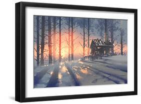 Winter Landscape of an Abandoned House in the Forest,Illustration Painting-Tithi Luadthong-Framed Art Print