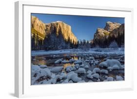 Winter Landscape of Iced River and El Capitan Mountain Behind, Yosemite National Park, California-Stefano Politi Markovina-Framed Photographic Print