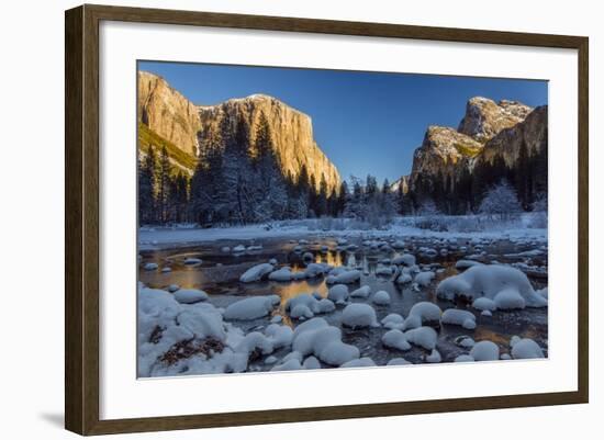 Winter Landscape of Iced River and El Capitan Mountain Behind, Yosemite National Park, California-Stefano Politi Markovina-Framed Photographic Print