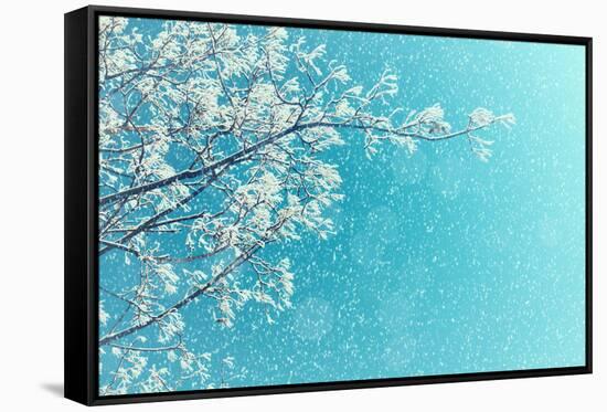 Winter Landscape of Snowy Tree Branches against Colorful Sky during the Snowfall with Free Space Fo-Marina Zezelina-Framed Stretched Canvas