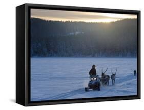 Winter Landscape, Reindeer and Snowmobile, Jokkmokk, Sweden-Peter Adams-Framed Stretched Canvas