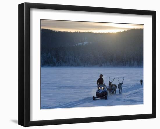 Winter Landscape, Reindeer and Snowmobile, Jokkmokk, Sweden-Peter Adams-Framed Photographic Print