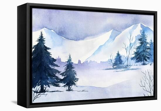 Winter Landscape. Watercolor Landscape Illustration. Christmas Background.-AlexGreenArt-Framed Stretched Canvas