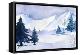 Winter Landscape. Watercolor Landscape Illustration. Christmas Background.-AlexGreenArt-Framed Stretched Canvas