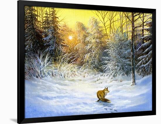 Winter Landscape With A Fox On A Decline-balaikin2009-Framed Art Print