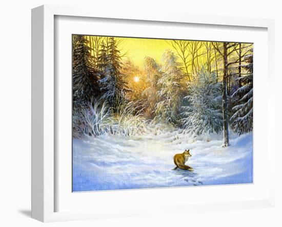 Winter Landscape With A Fox On A Decline-balaikin2009-Framed Art Print