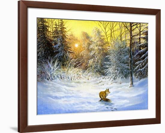 Winter Landscape With A Fox On A Decline-balaikin2009-Framed Art Print