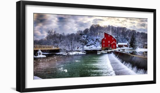 Winter Landscape with a Red Grist Mill, Clinton, New Jersey-George Oze-Framed Photographic Print
