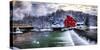 Winter Landscape with a Red Grist Mill, Clinton, New Jersey-George Oze-Stretched Canvas