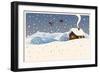 Winter Landscape with Country House and Bullfinches.-Rustic-Framed Art Print