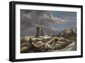 Winter Landscape with Figures on a Path, a Footbridge and Windmills Beyond-John Constable-Framed Giclee Print