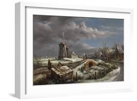 Winter Landscape with Figures on a Path, a Footbridge and Windmills Beyond-John Constable-Framed Giclee Print