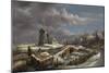 Winter Landscape with Figures on a Path, a Footbridge and Windmills Beyond-John Constable-Mounted Giclee Print