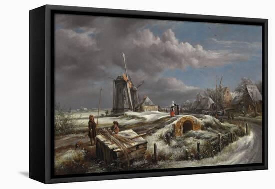 Winter Landscape with Figures on a Path, a Footbridge and Windmills Beyond-John Constable-Framed Stretched Canvas