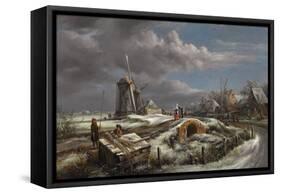 Winter Landscape with Figures on a Path, a Footbridge and Windmills Beyond-John Constable-Framed Stretched Canvas