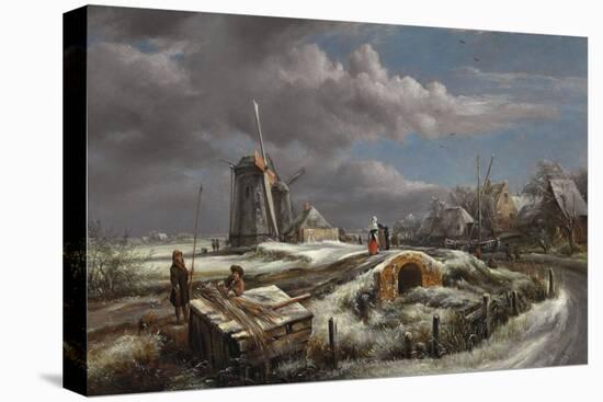 Winter Landscape with Figures on a Path, a Footbridge and Windmills Beyond-John Constable-Stretched Canvas