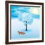 Winter Landscape with Frozen Tree and Red Fox Hanging Around-Imre Sandor-Framed Art Print