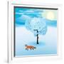 Winter Landscape with Frozen Tree and Red Fox Hanging Around-Imre Sandor-Framed Art Print