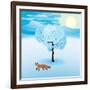 Winter Landscape with Frozen Tree and Red Fox Hanging Around-Imre Sandor-Framed Art Print